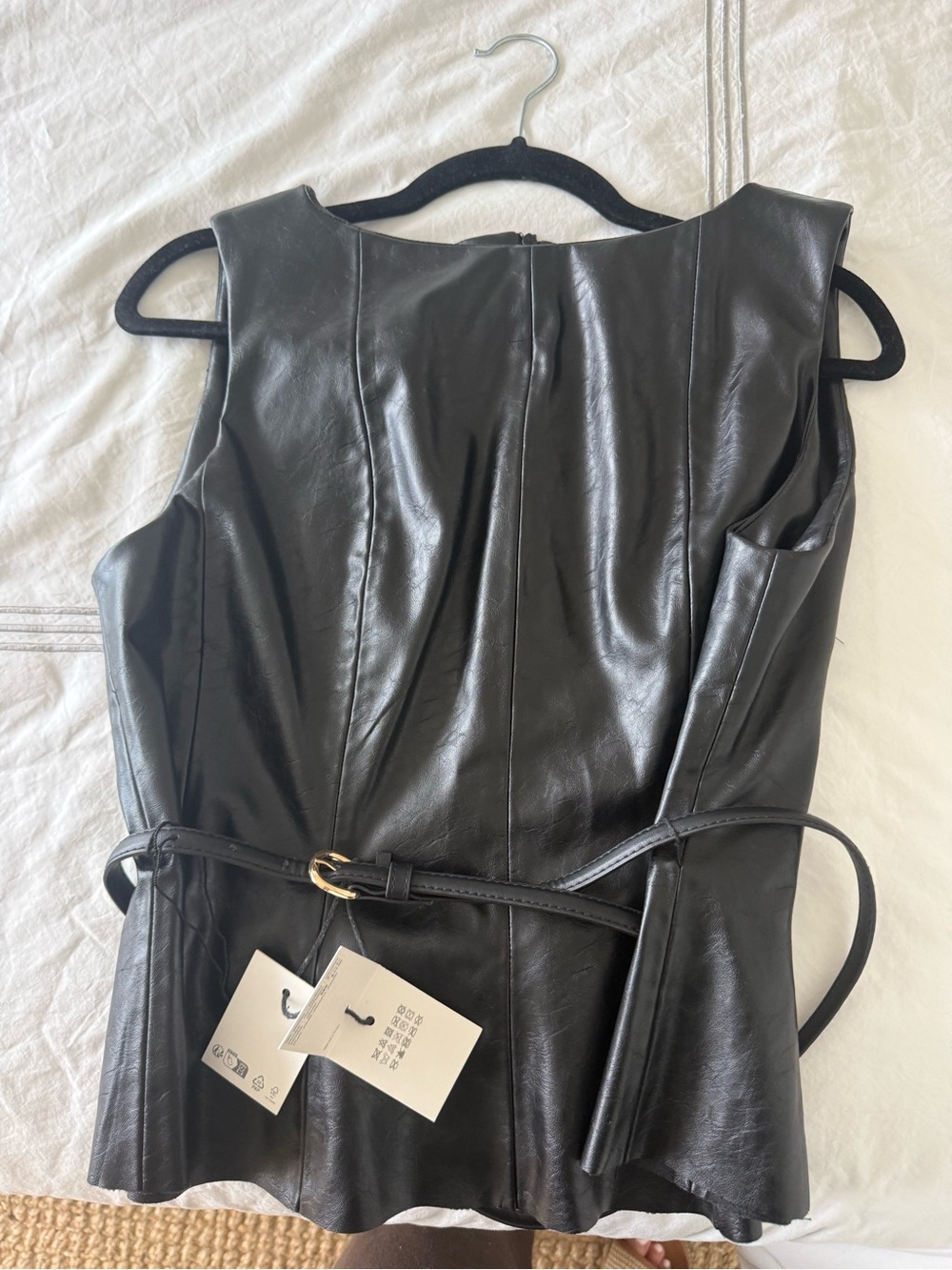 Zara Black Faux Leather Sleeveless Top with Belt Detail